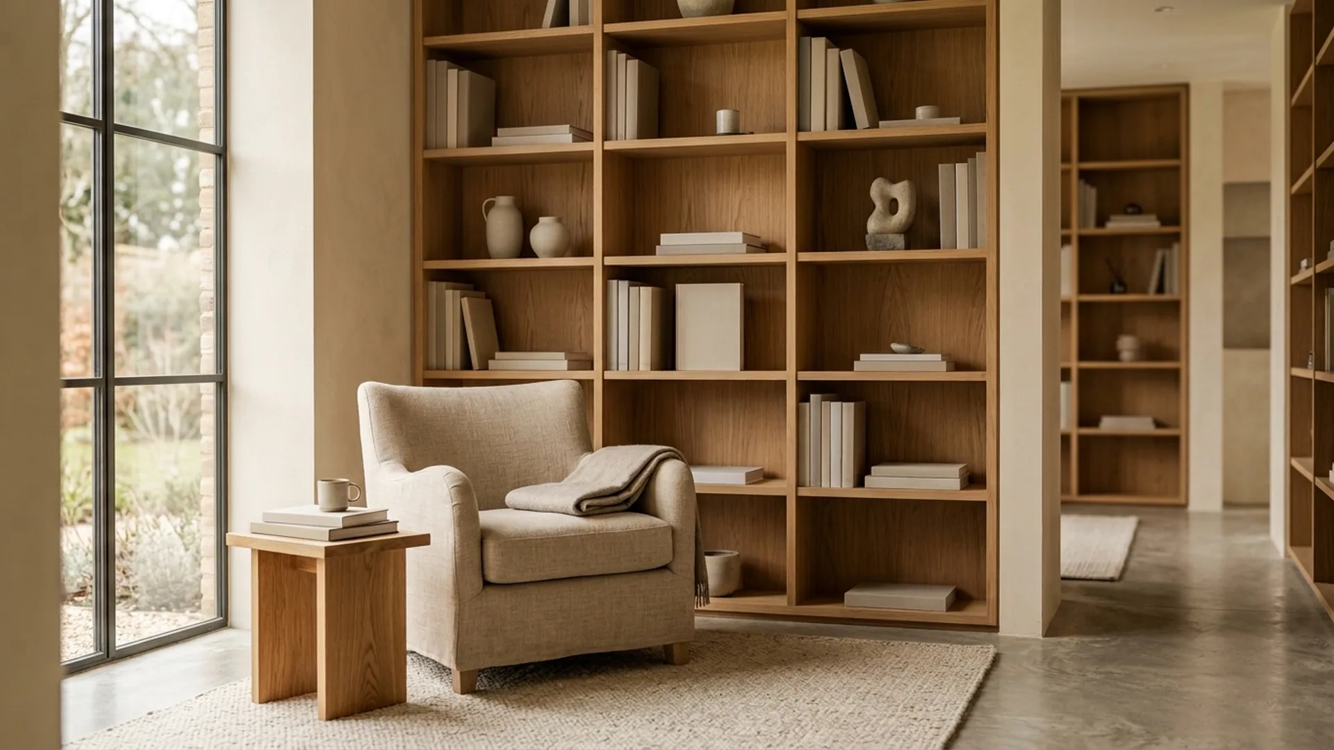 A quiet library reading room with oak shelving, an armchair and soft natural light.