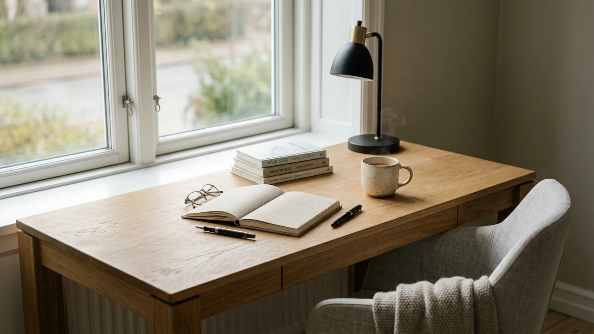 A writing desk with an open notebook, books and a mug beside a window in soft natural light.