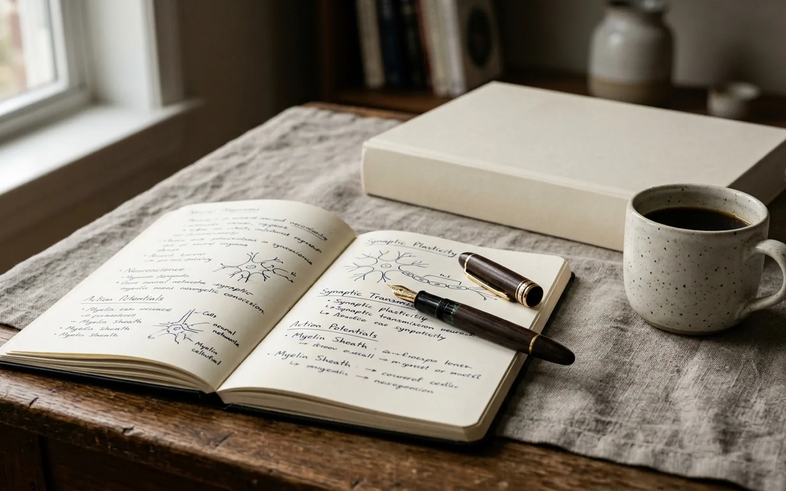 A notebook, book, pen and mug arranged on an oak desktop, seen from above.