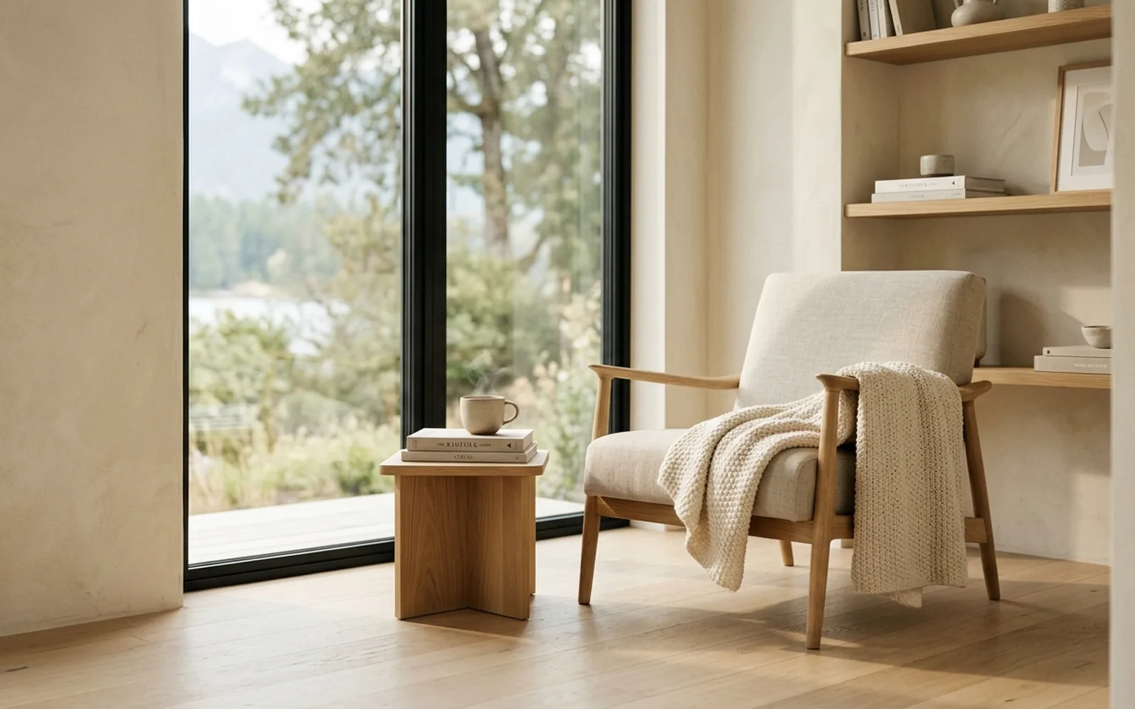 A quiet reading corner with a wooden chair and books beside a bright window.
