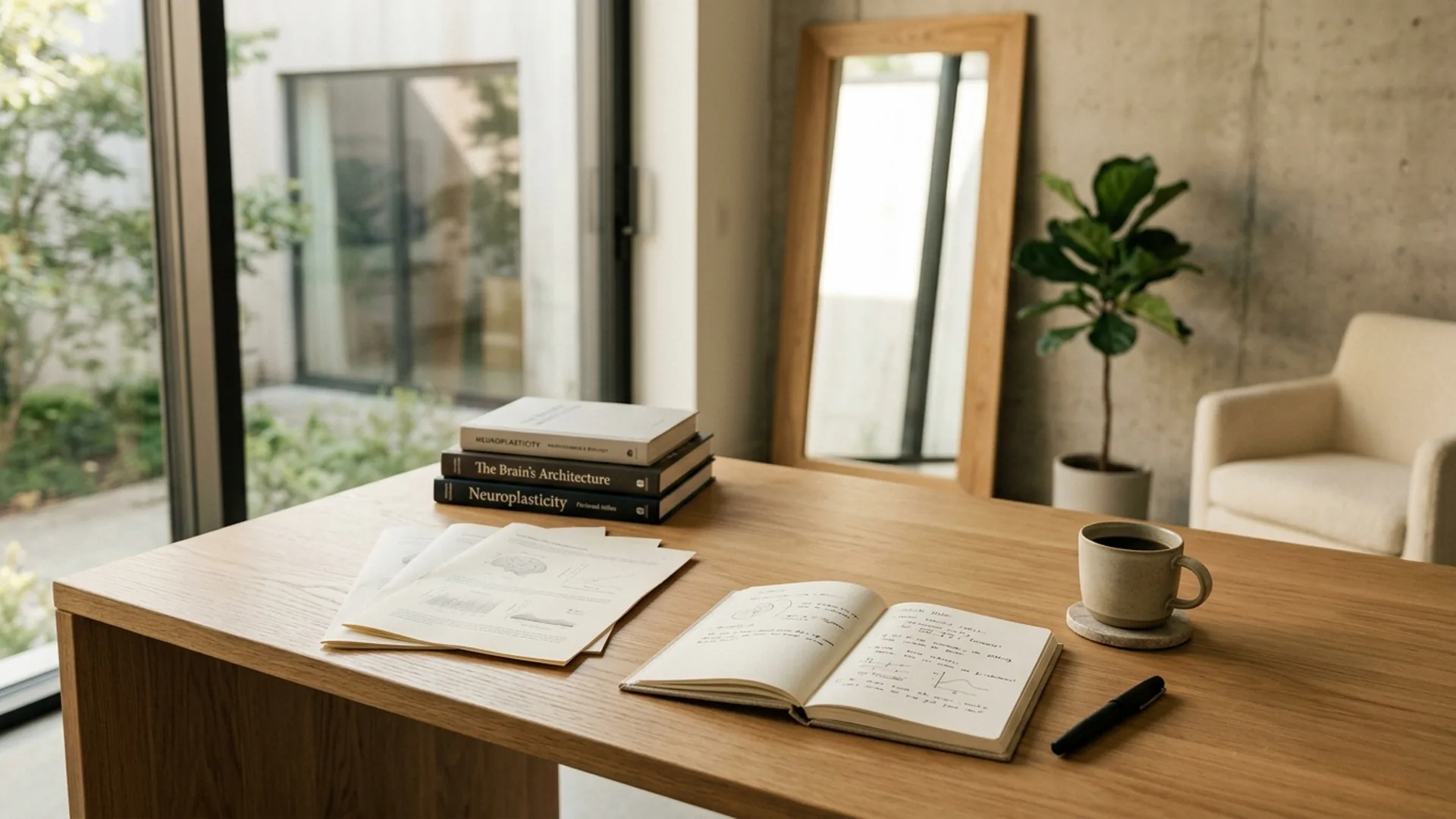 Stacked white neuroscience books, an open notebook and a mug on an oak desk.