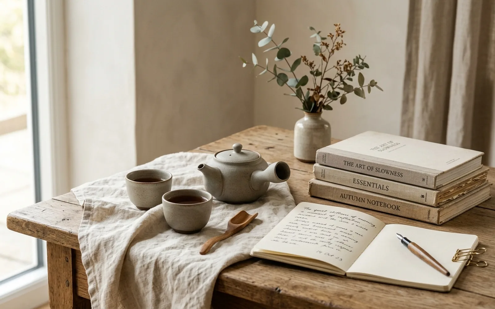 A still-life of a ceramic tea set, an open notebook and books on a linen-draped table in warm natural light.