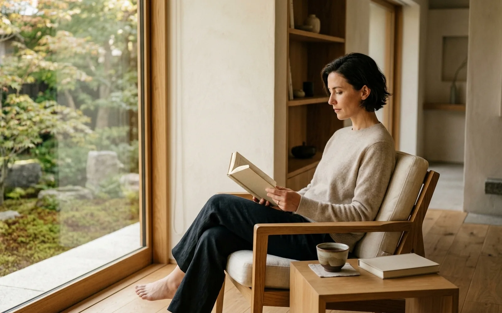A woman reading calmly in a sunlit chair beside a garden window.