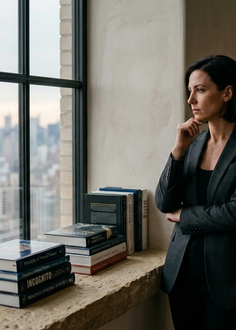 A woman in a tailored blazer stands by a floor-to-ceiling window overlooking a city skyline, beside a stack of books.