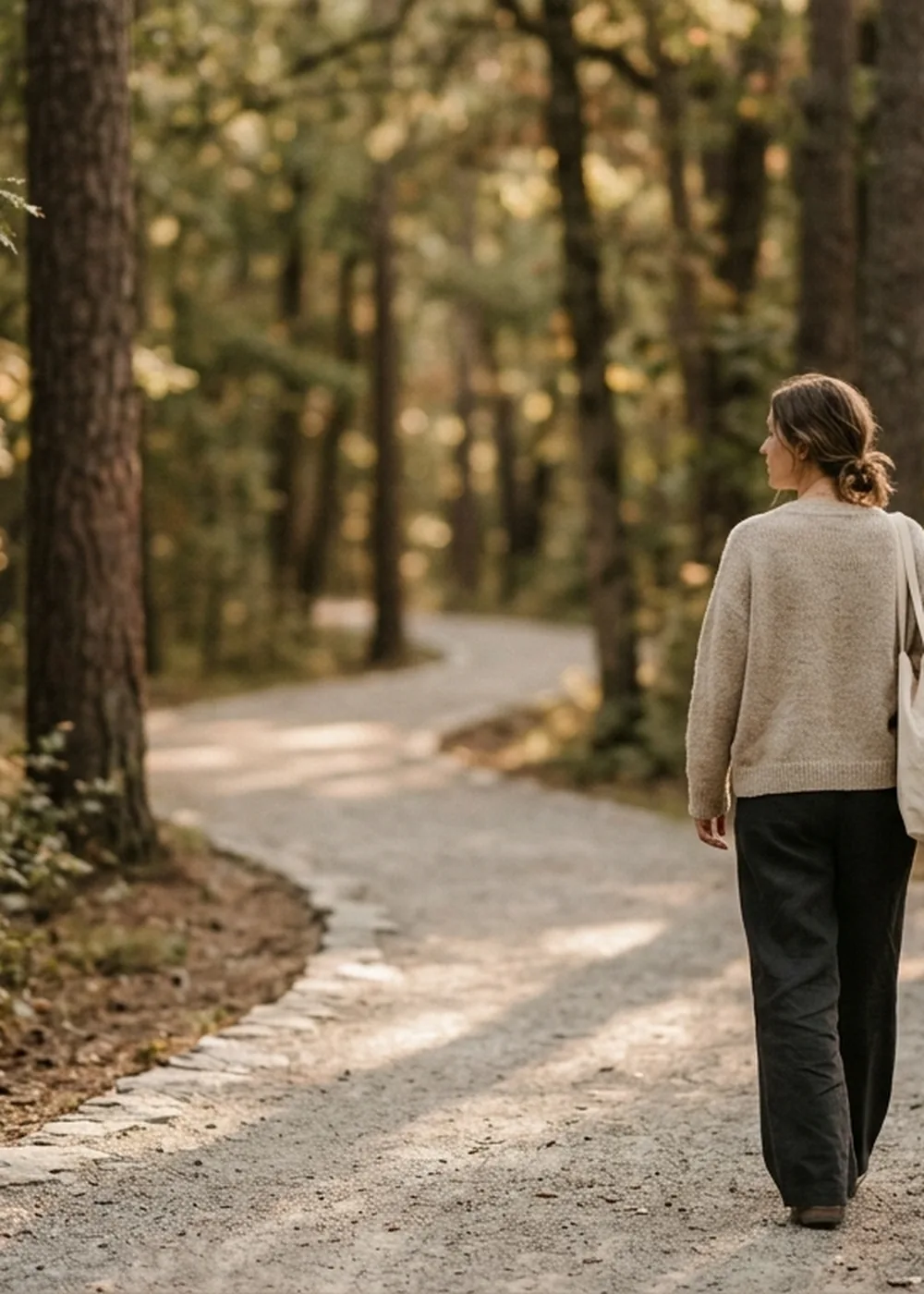 A woman in a cream sweater walks alone along a winding path through a sunlit forest.