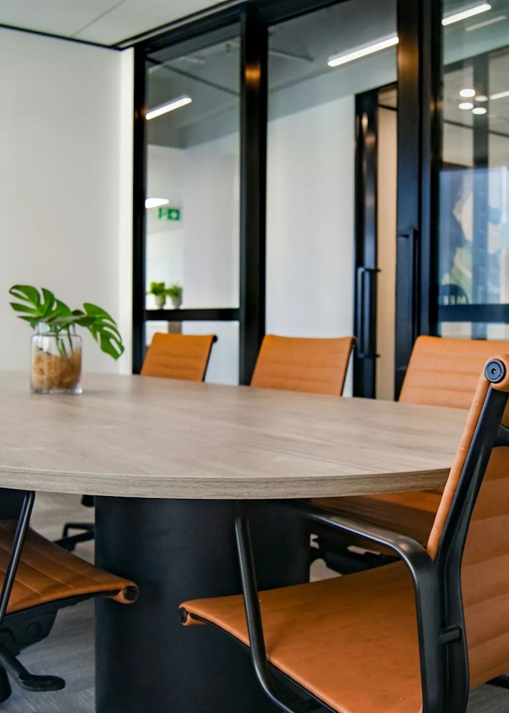 An empty boardroom with a curved wooden table, tan leather chairs and a small plant, seen through glass-walled offices.