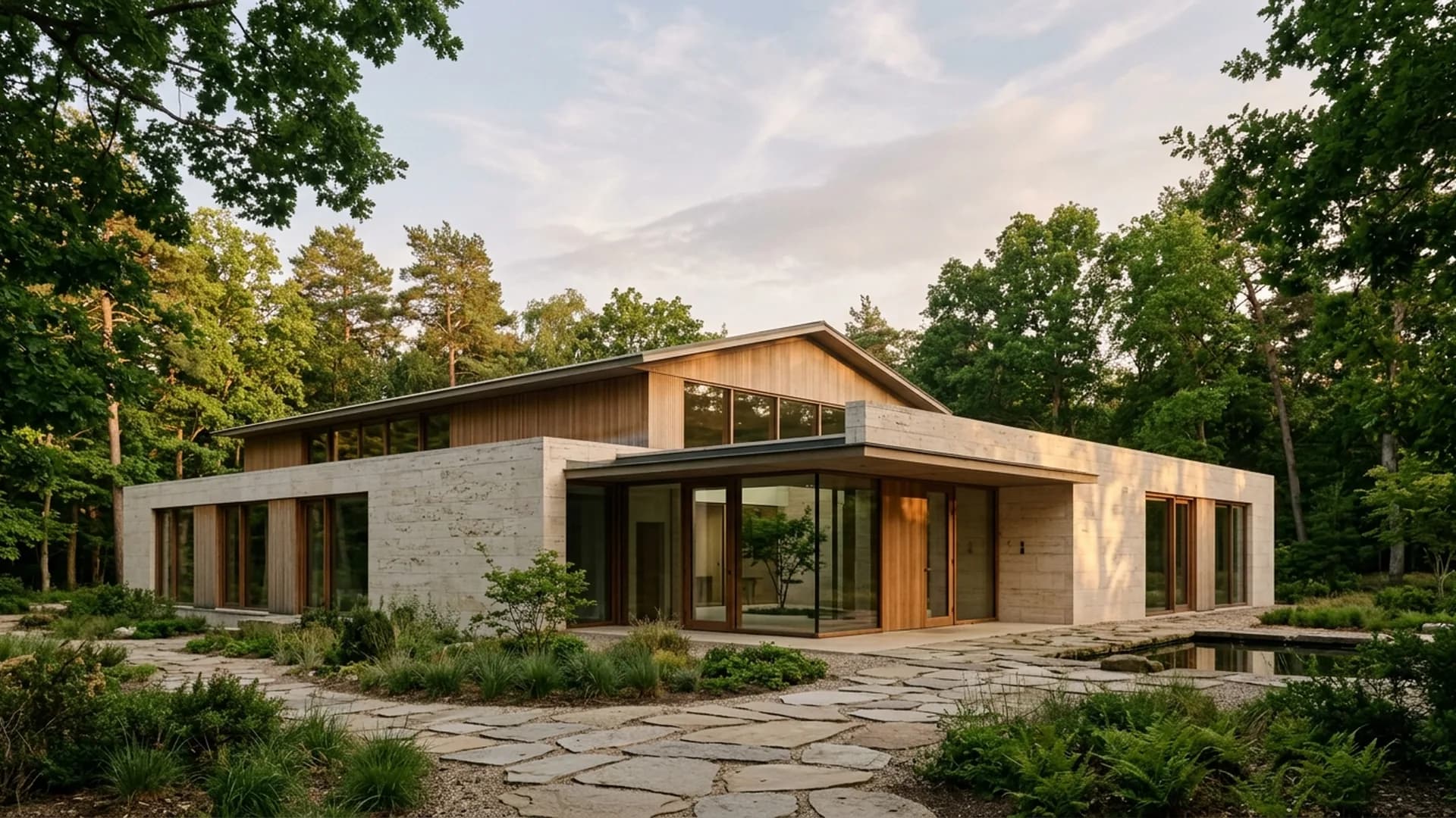 A modern low-rise education building of oak and stone set among trees in soft evening light.