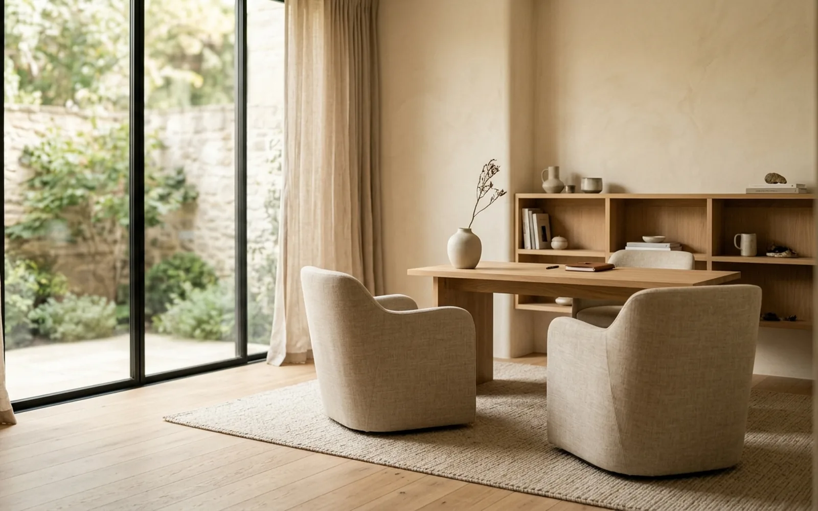 A warm consultation room with two soft armchairs facing each other, lit by natural light from tall garden windows.