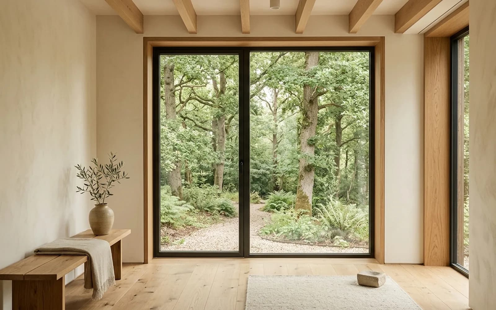 A calm interior looking through a large window onto woodland, with a low bench and a vase of foliage in warm daylight.
