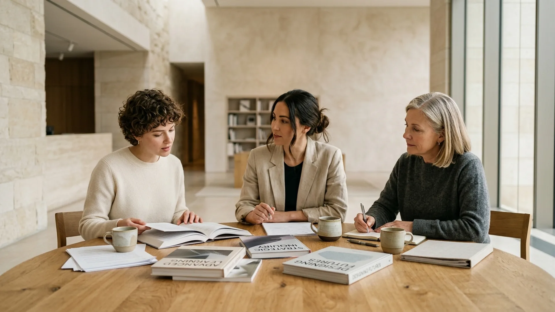 Two women in a focused private strategy conversation at a table in a calm, glass-walled room with natural light.