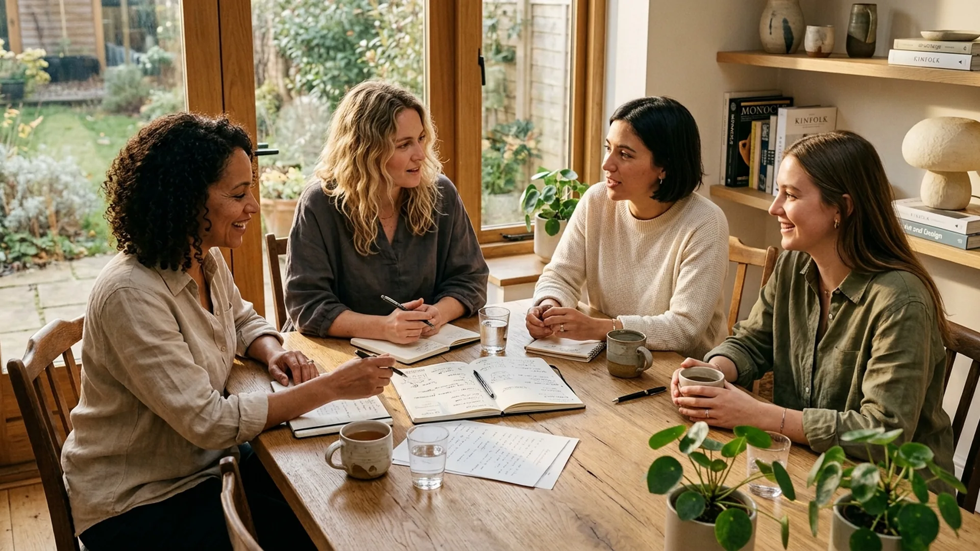 Practitioners discussing notes together around a table in a bright, plant-filled teaching studio.