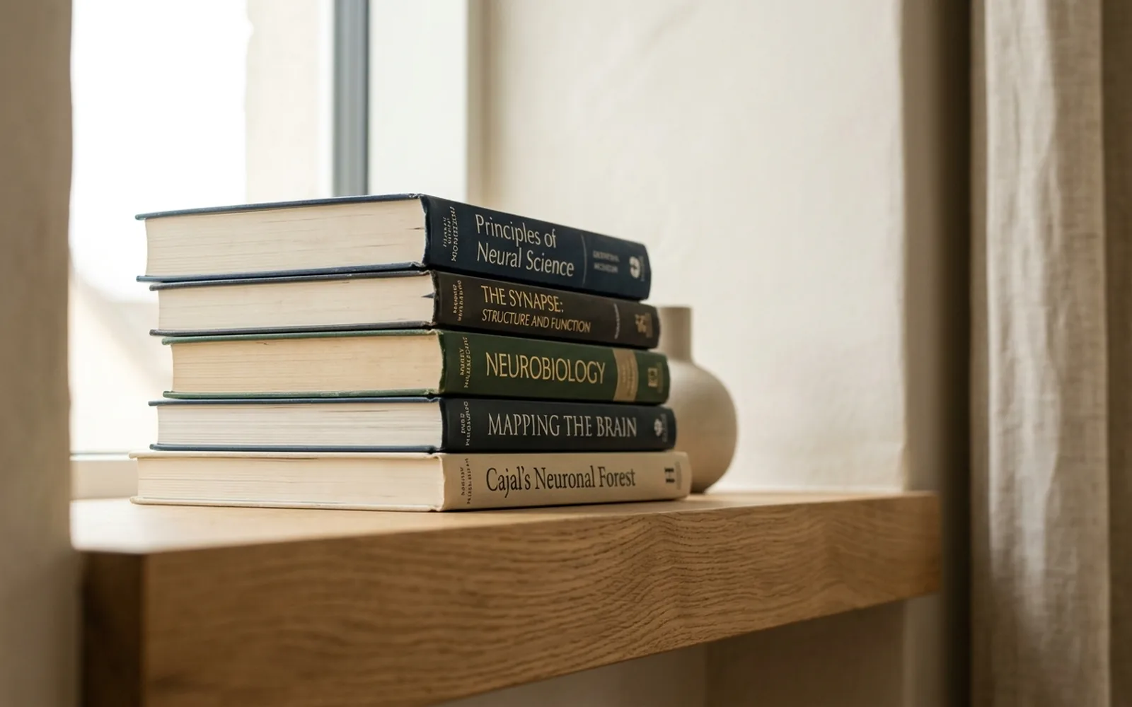 A neat stack of neuroscience books on an oak table beside a window with soft daylight.