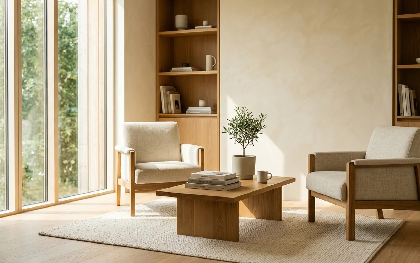Two soft armchairs facing across a low table in a calm, naturally lit therapeutic space.