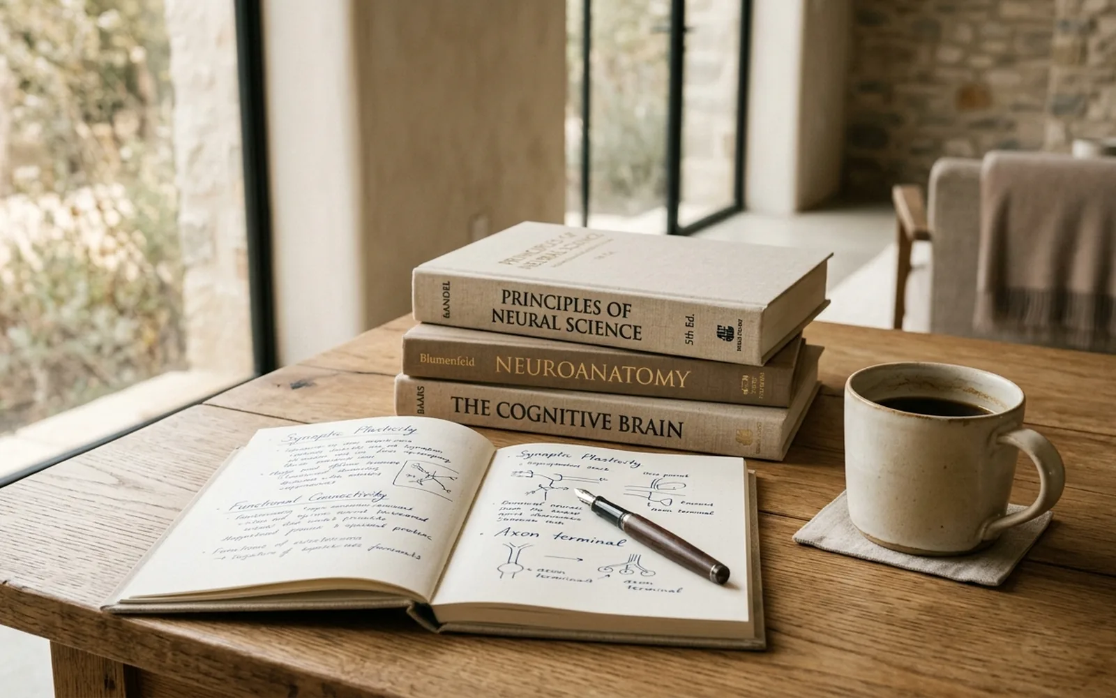 Stacked neuroscience volumes, an open journal and a mug on an oak table in soft daylight.