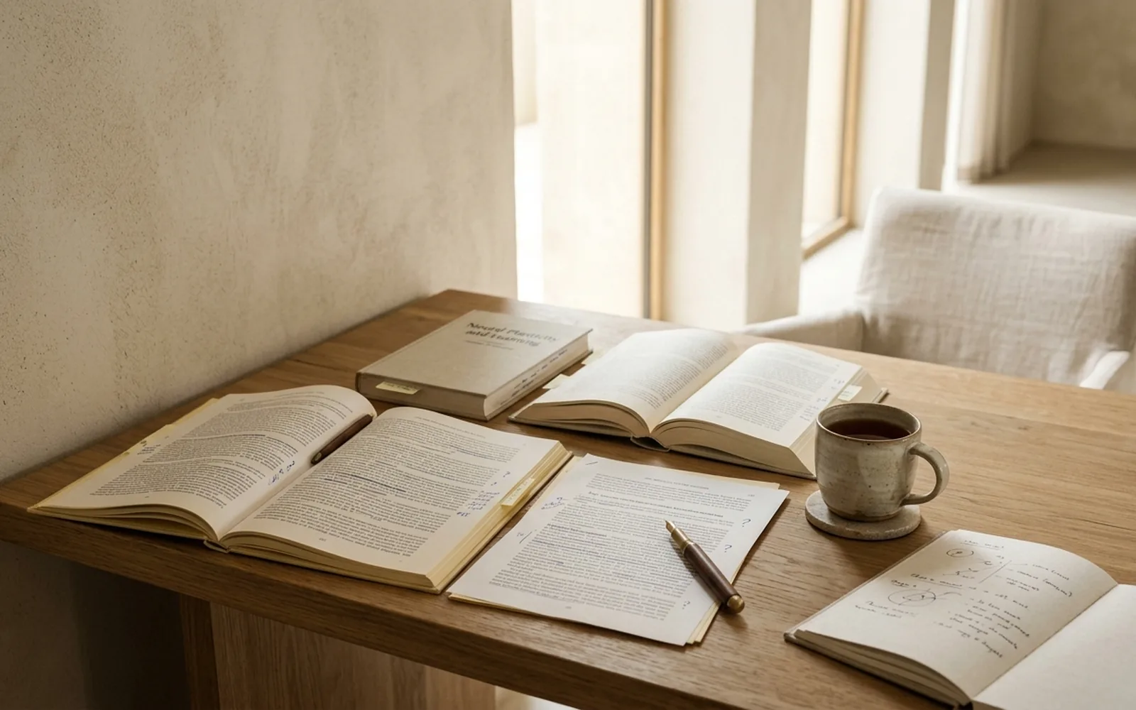 Annotated academic papers and an open book on an oak desk beside a window.