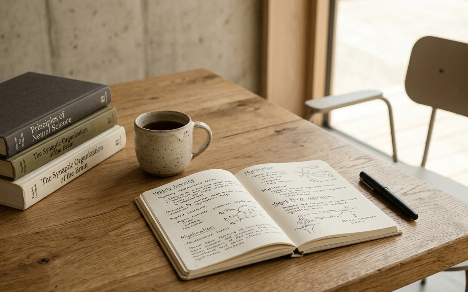 An open research journal beside handwritten clinical notes and a mug on an oak desk.