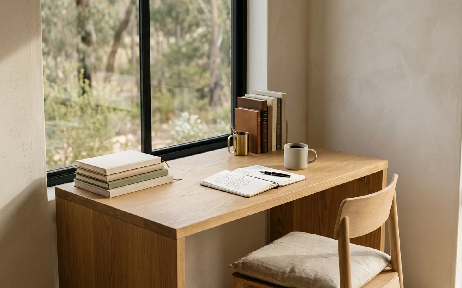 A Scandinavian writing desk with a notebook, books and mug by a bright window.