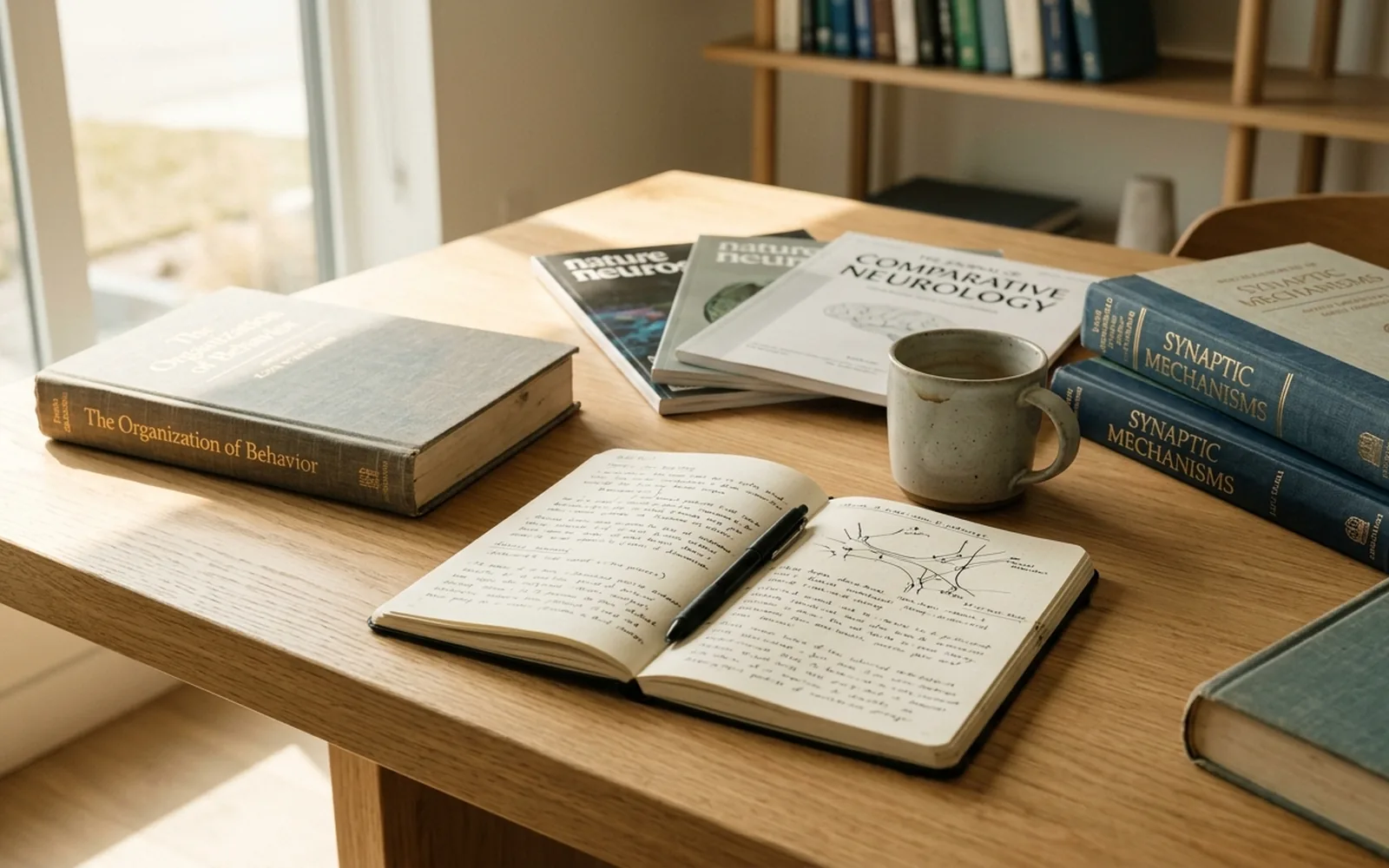 An open research journal and colour-spined reference volumes on an oak desk in daylight.