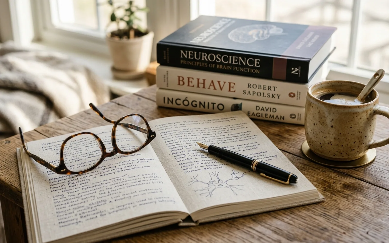An open handwritten journal, reading glasses and neuroscience books beside a cup of tea in warm light.