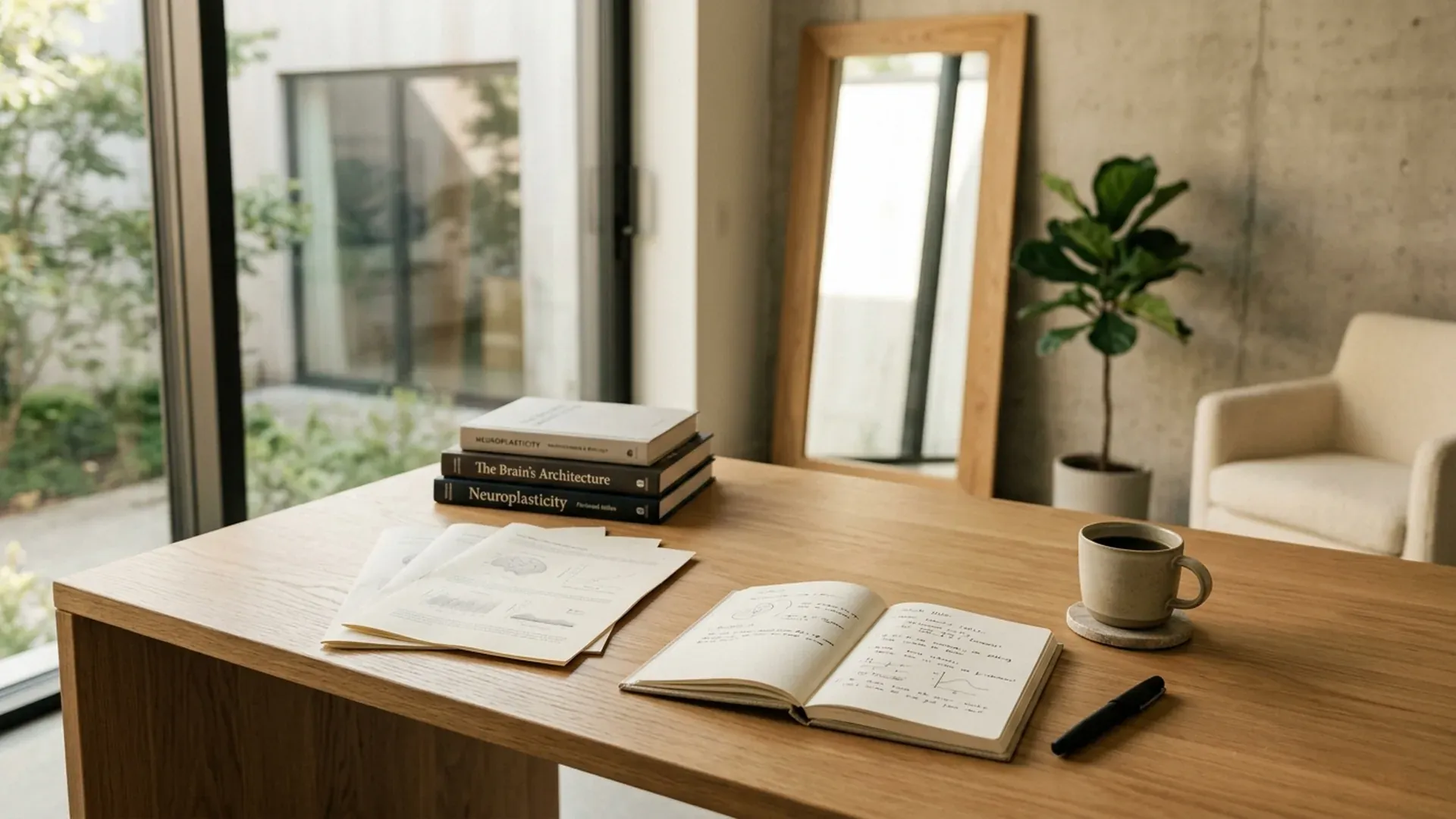 Editorial workspace with an open notebook and books
