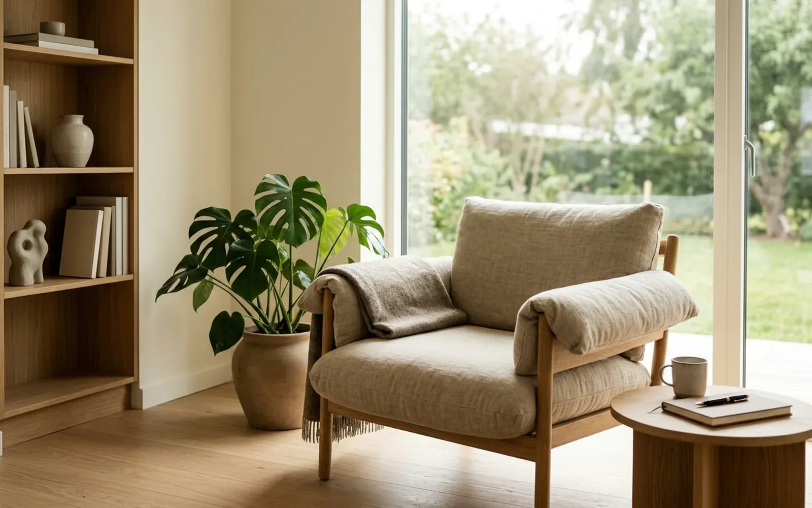 A minimal interior with a linen lounge chair