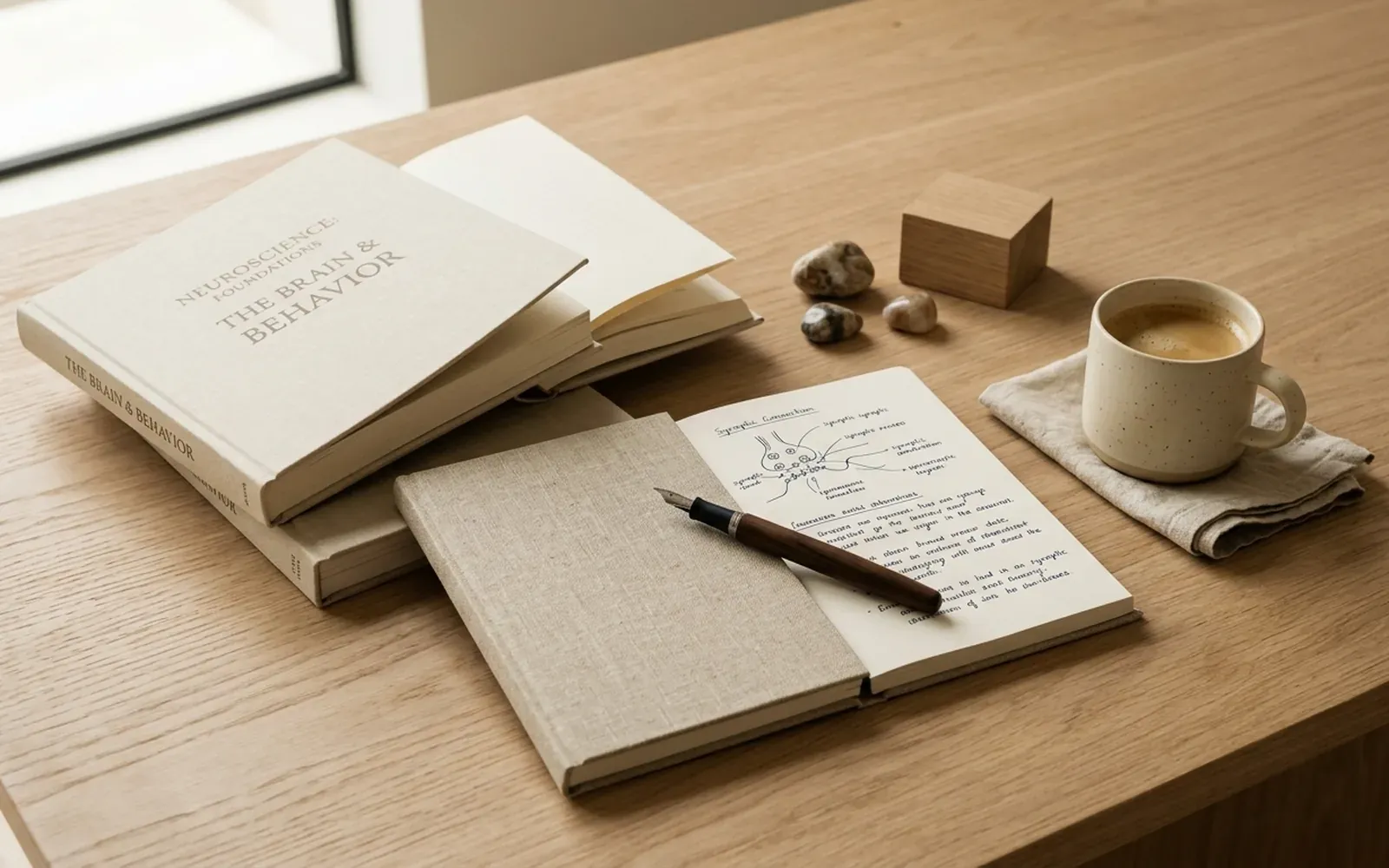 An editorial flat lay of books and a coffee cup