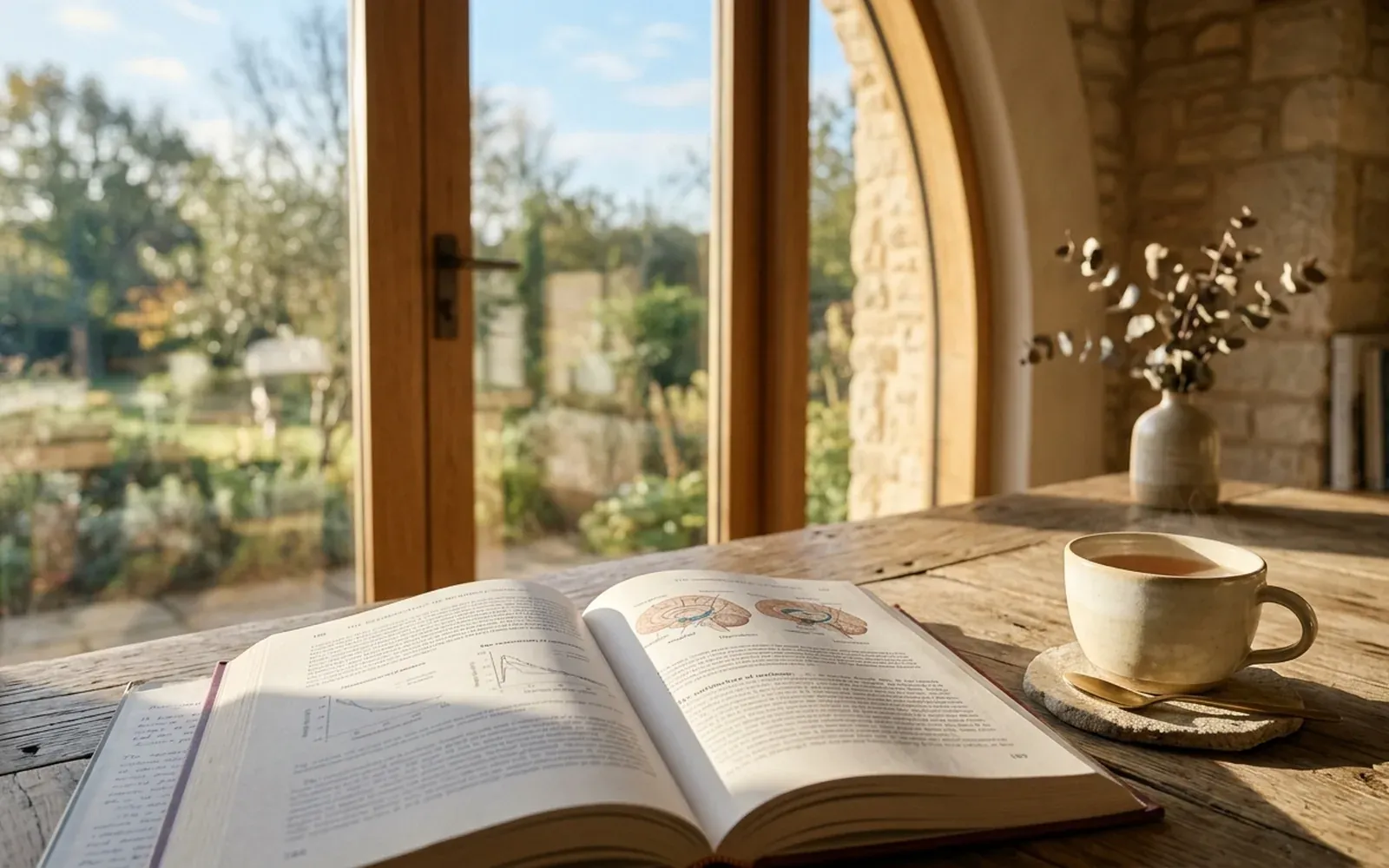 An open book and tea beneath an arched window